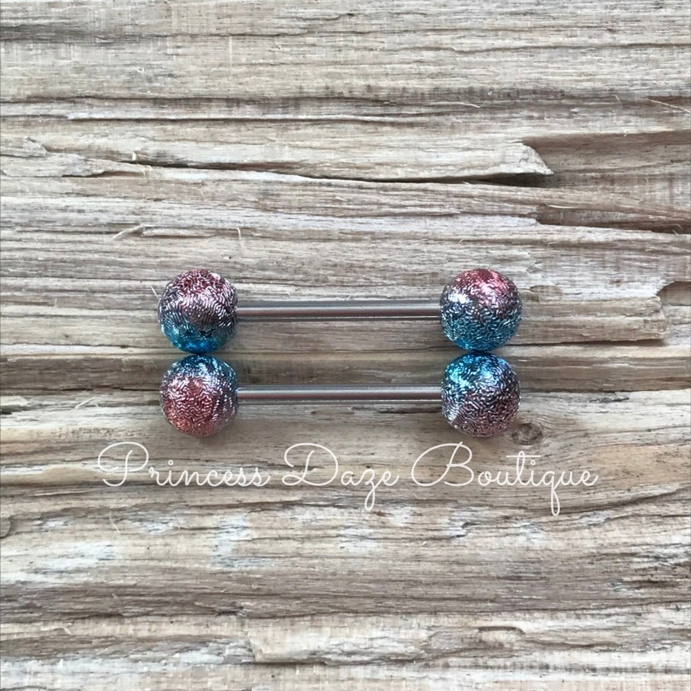 Blue Pink Glitter Ombre Nipple Ring‎ Barbell Set